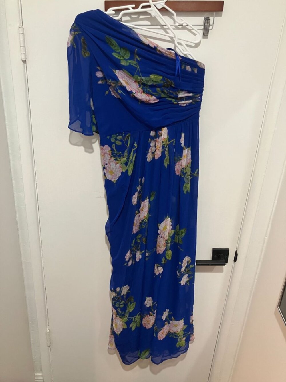 Adrianna Papell Palomar Dress Blue Floral One Shoulder Ruched Maxi Size 6